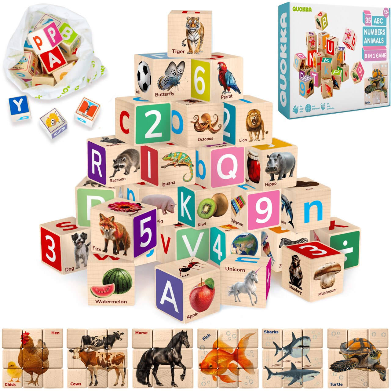 QUOKKA 35 Realistic ABC Montessori Wooden Blocks for Toddlers